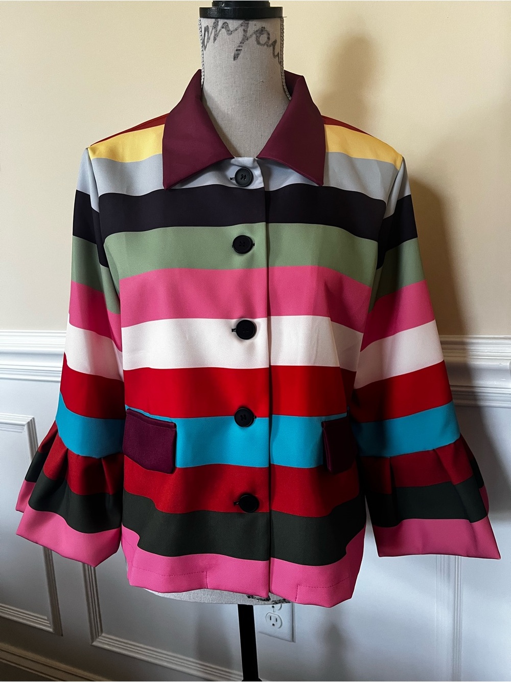 Wide Striped Multicolor Bell-Sleeve Retro Style Single Breasted Cropped Jacket.